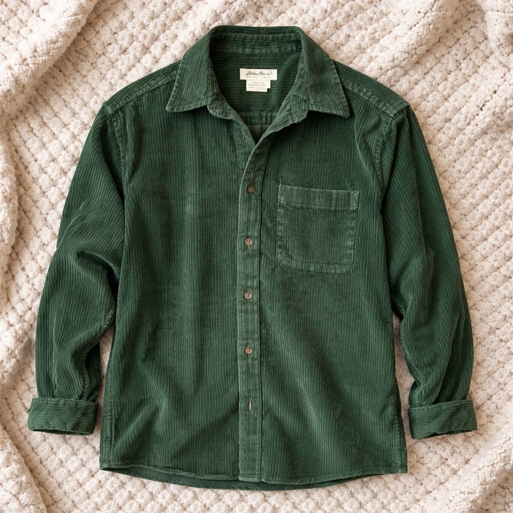 Vintage Eddie Bauer Corduroy Shirt Women Petite Medium Green Button Up Cabin 90s